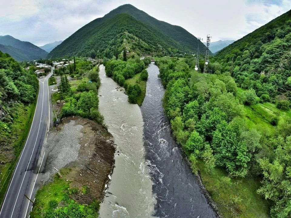Aragvi river valley aerial view