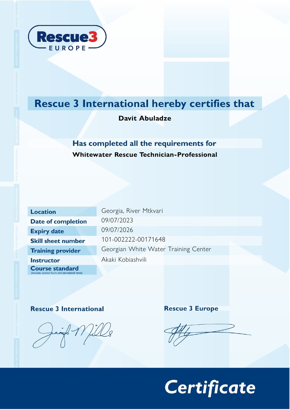 Rescue 3 certificate